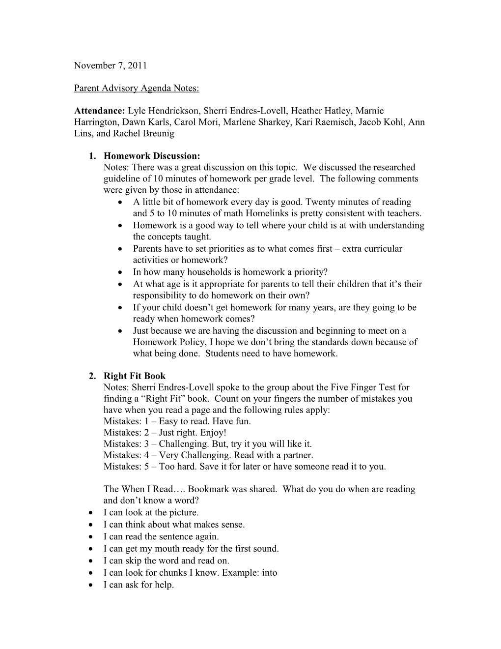 Parent Advisory Agenda Notes