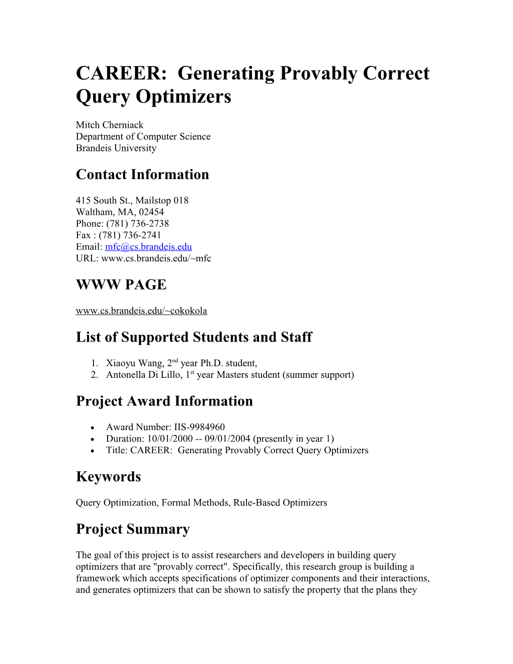 CAREER: Generating Provably Correct Query Optimizers