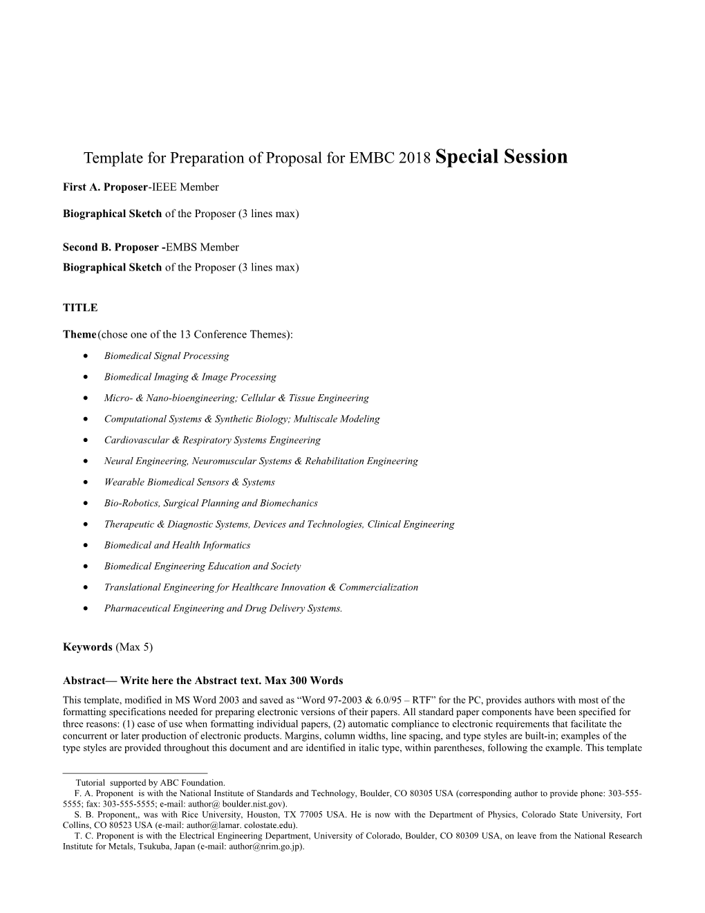 Template for Preparation of Proposal for EMBC 2018Special Session