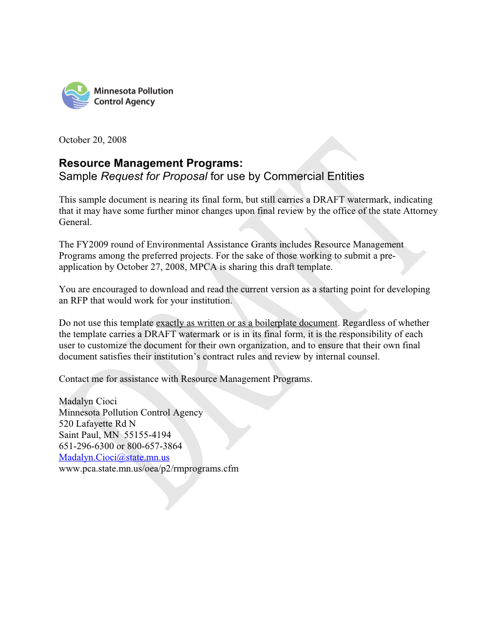 Resource Management Programs: Samplerequest for Proposal for Use by Commercial Entities