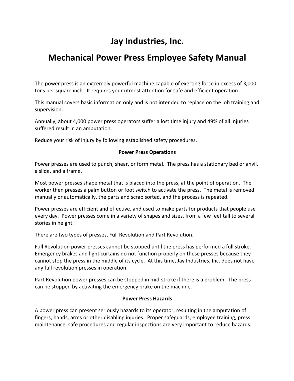 Mechanical Power Press Employeesafety Manual