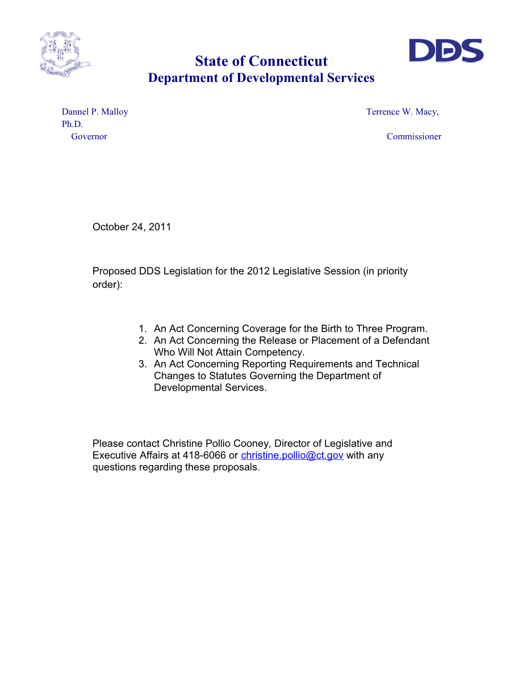 Proposed DDS Legislation for the 2012 Legislative Session (In Priority Order)