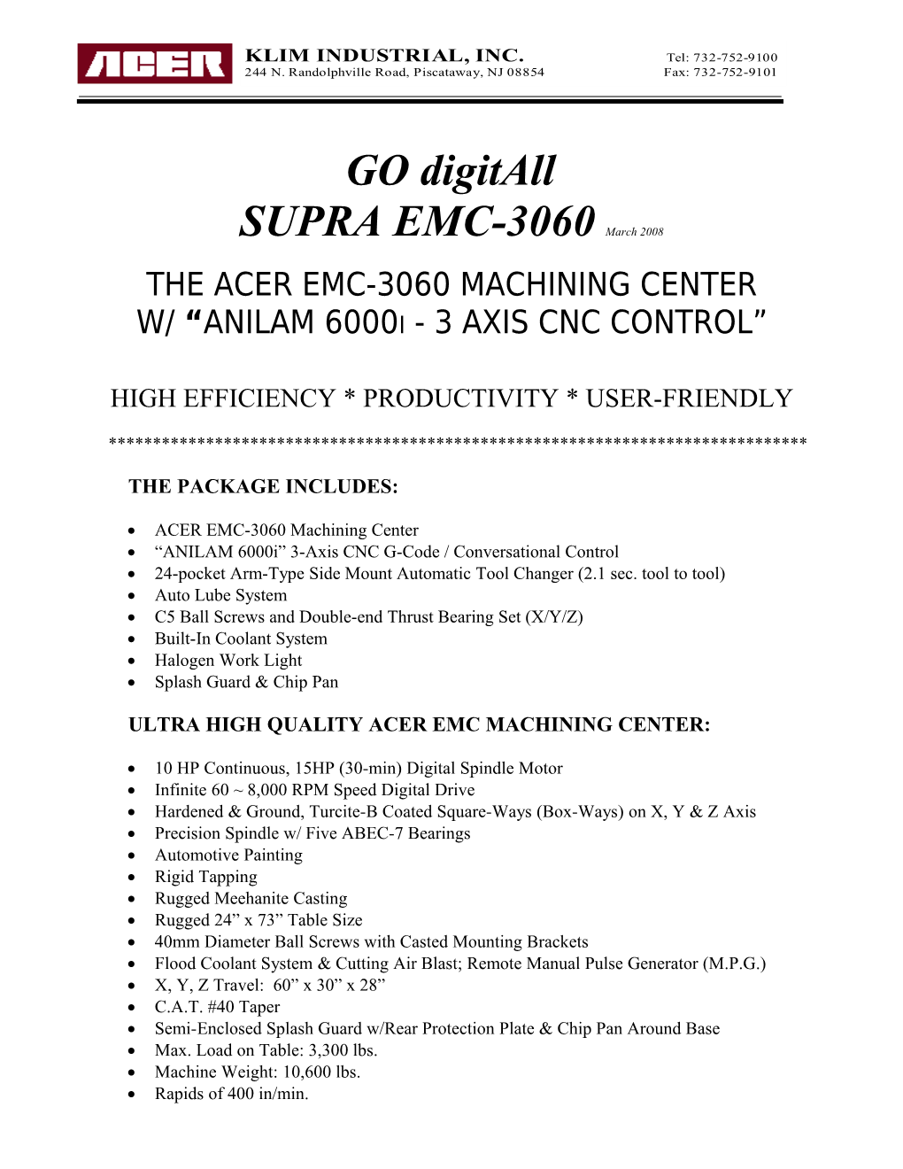 SUPRA CNC E-MILLTM August 2000