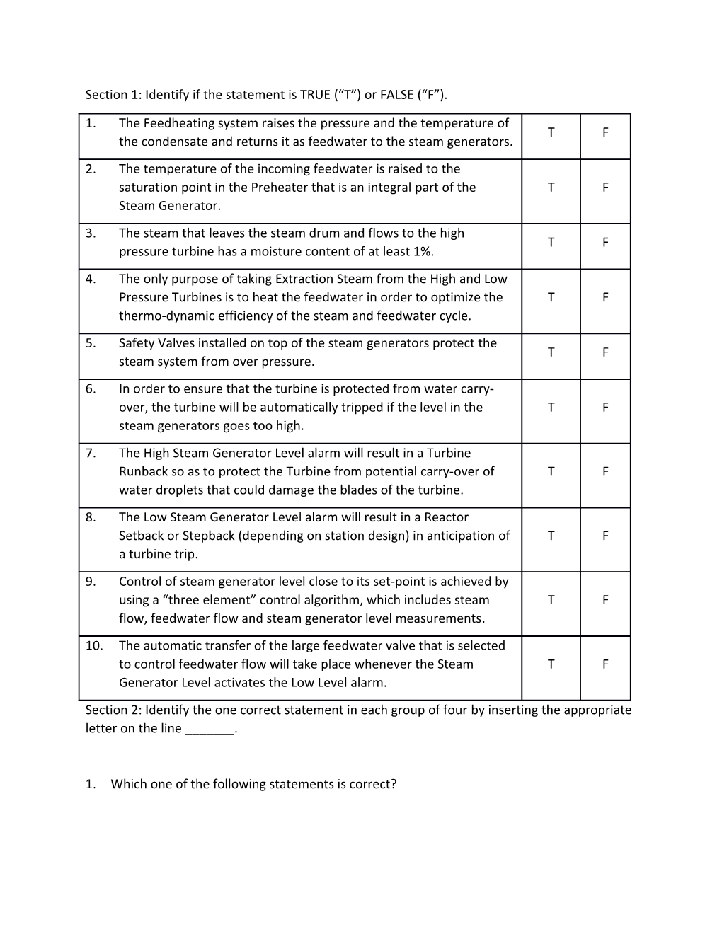 Section 1:Identifyif the Statement Is TRUE ( T )Orfalse ( F )