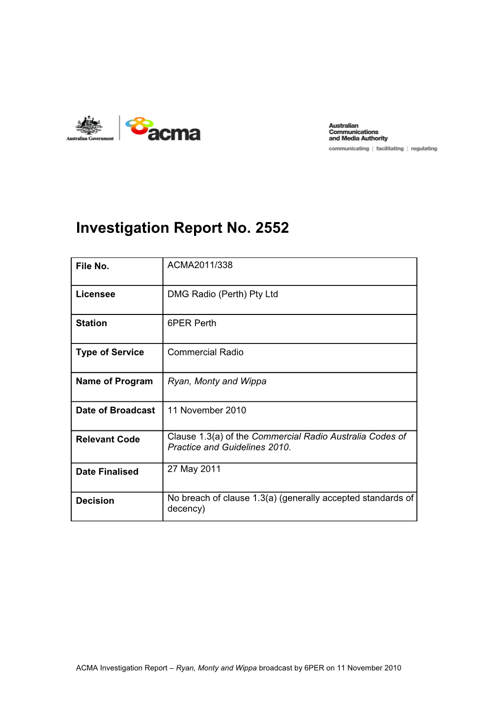6PER Perth - ACMA Investigation Report 2552