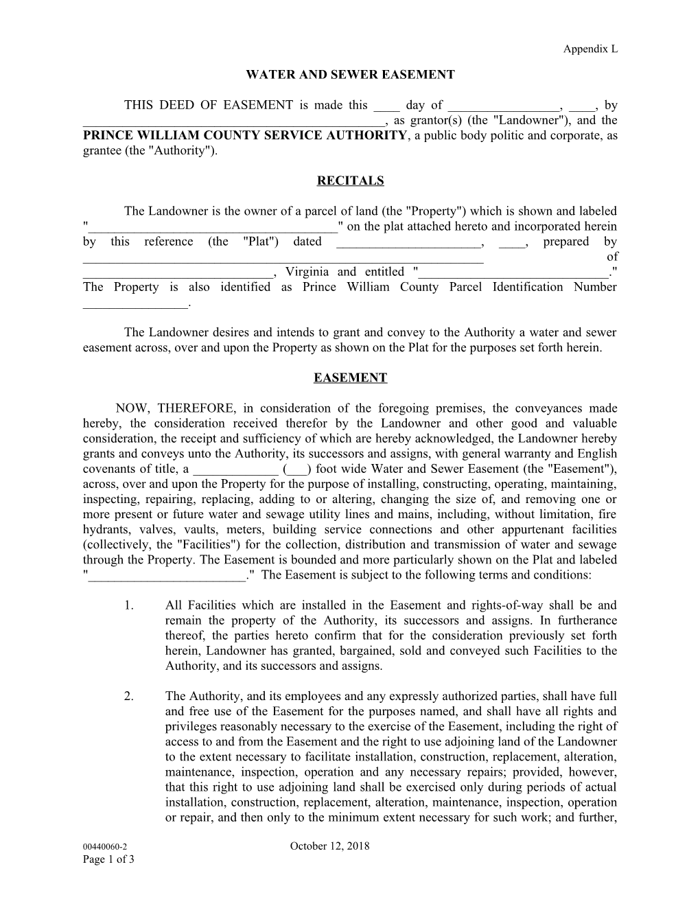 Water and Sewer Easement Template Prince William County (00440060-2)