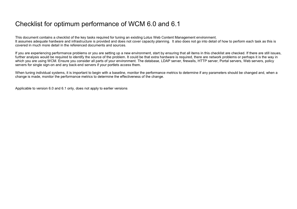 Checklist to Enable Best Performance for WCM 6
