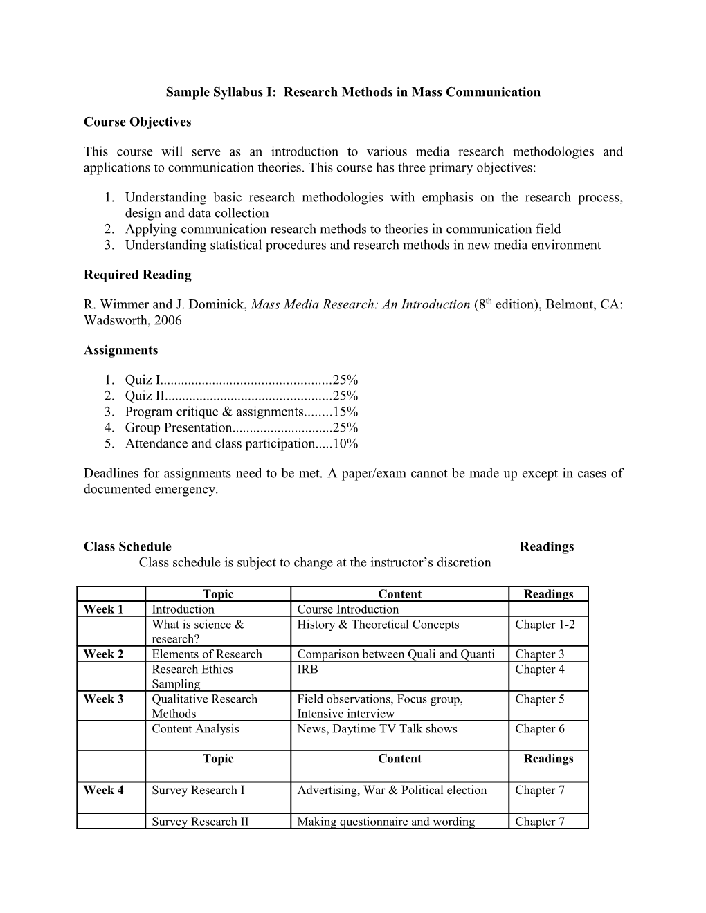 Sample Syllabi - MMR 8Th Edition