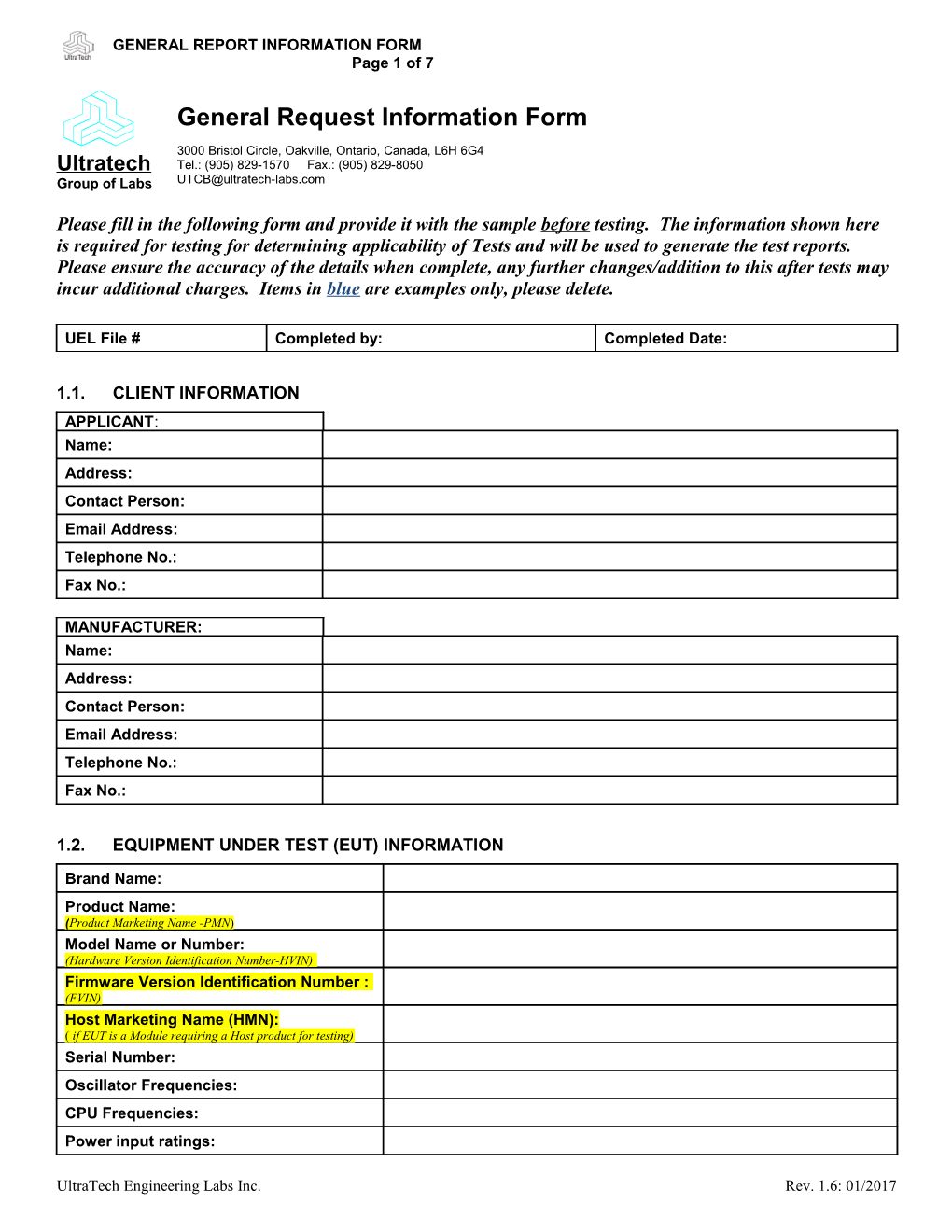 1.2.EQUIPMENT UNDER TEST (Eut) INFORMATION