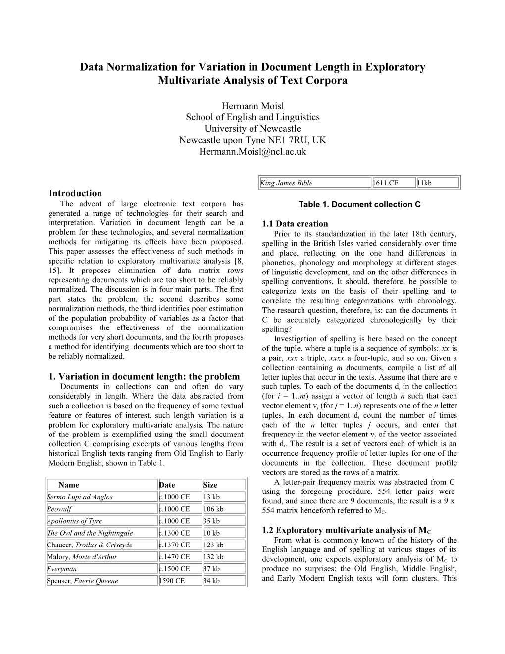 Data Normalization for Variation in Document Length in Exploratory Multivariate Analysis