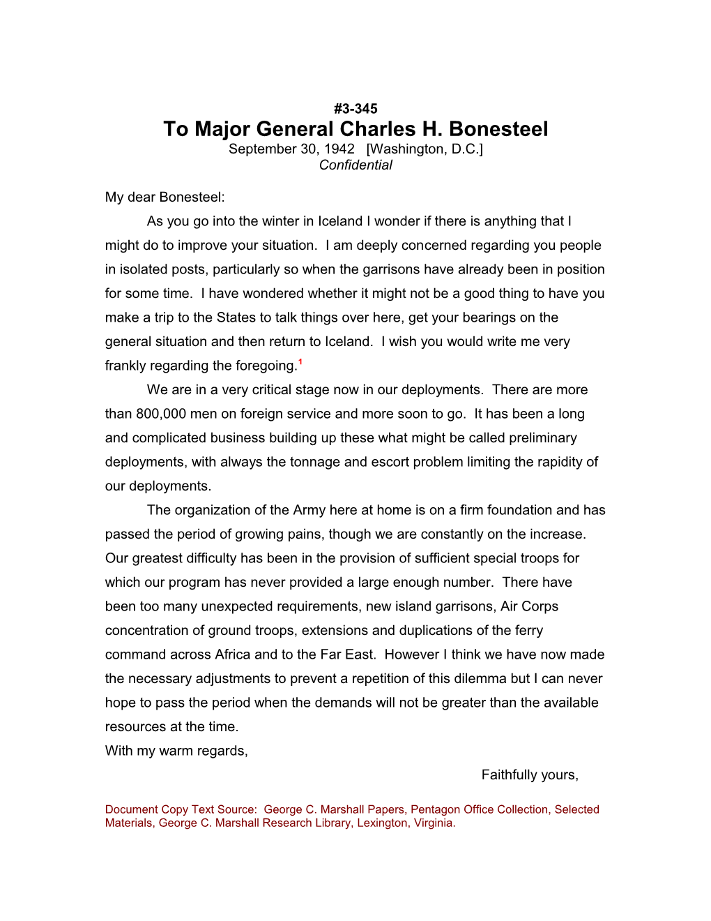 To Major General Charles H. Bonesteel