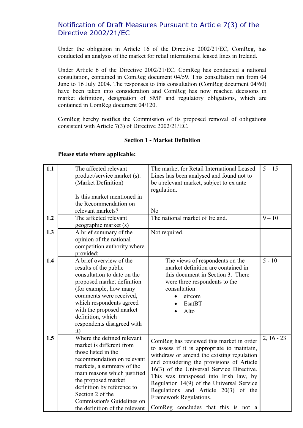 Notification of Draft Measures Pursuant to Article 7(3) of the Directive 2002/21/EC