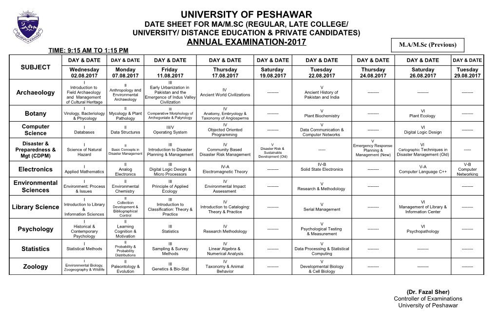Date Sheet for MA/M.Sc (Regular, Late College