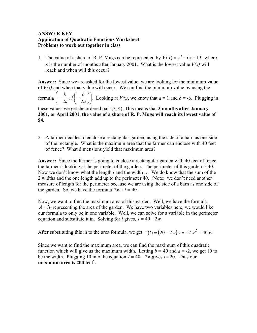 Application of Quadratic Functions Worksheet