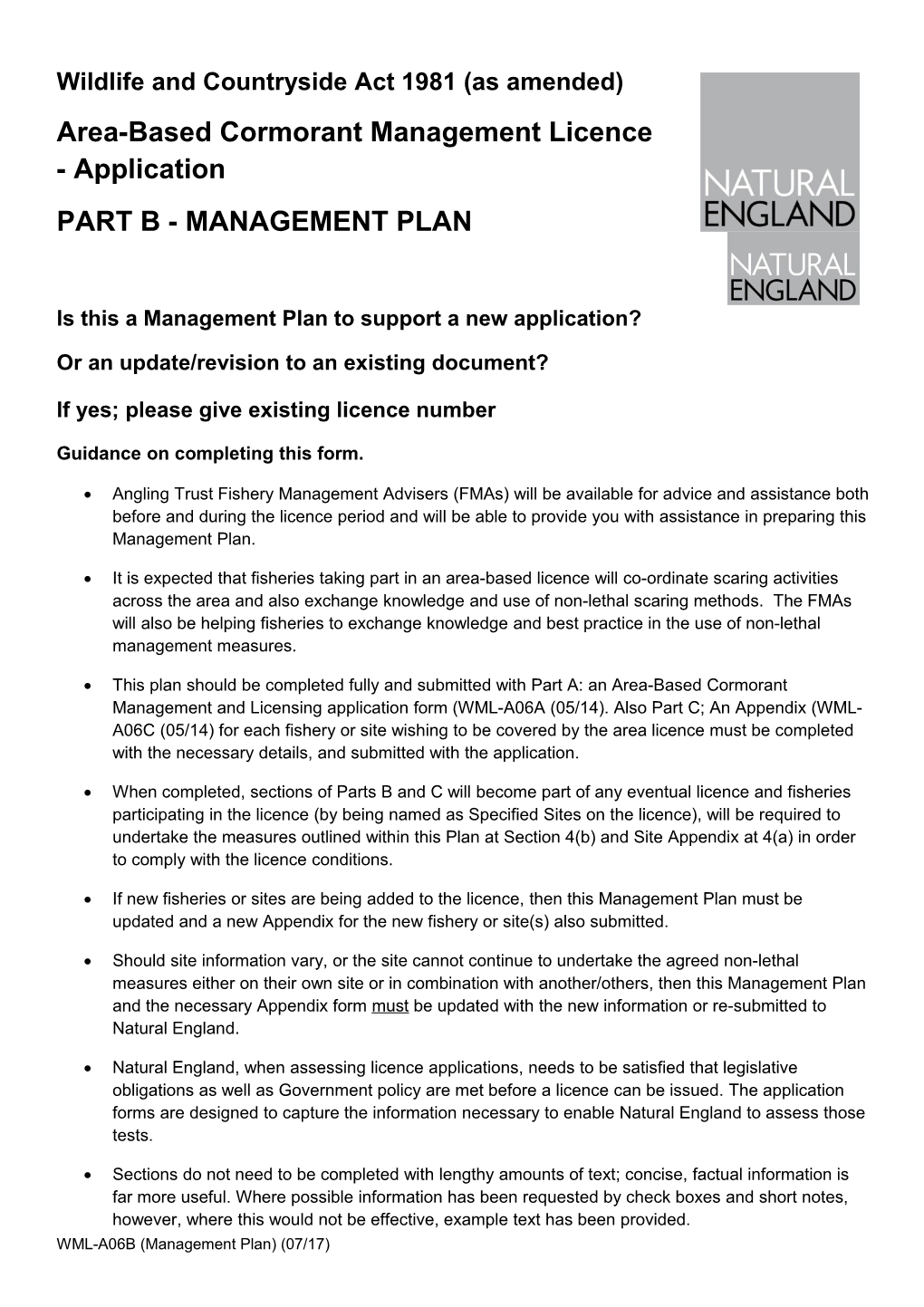 Is This a Management Plan to Support a New Application? Select Yes No