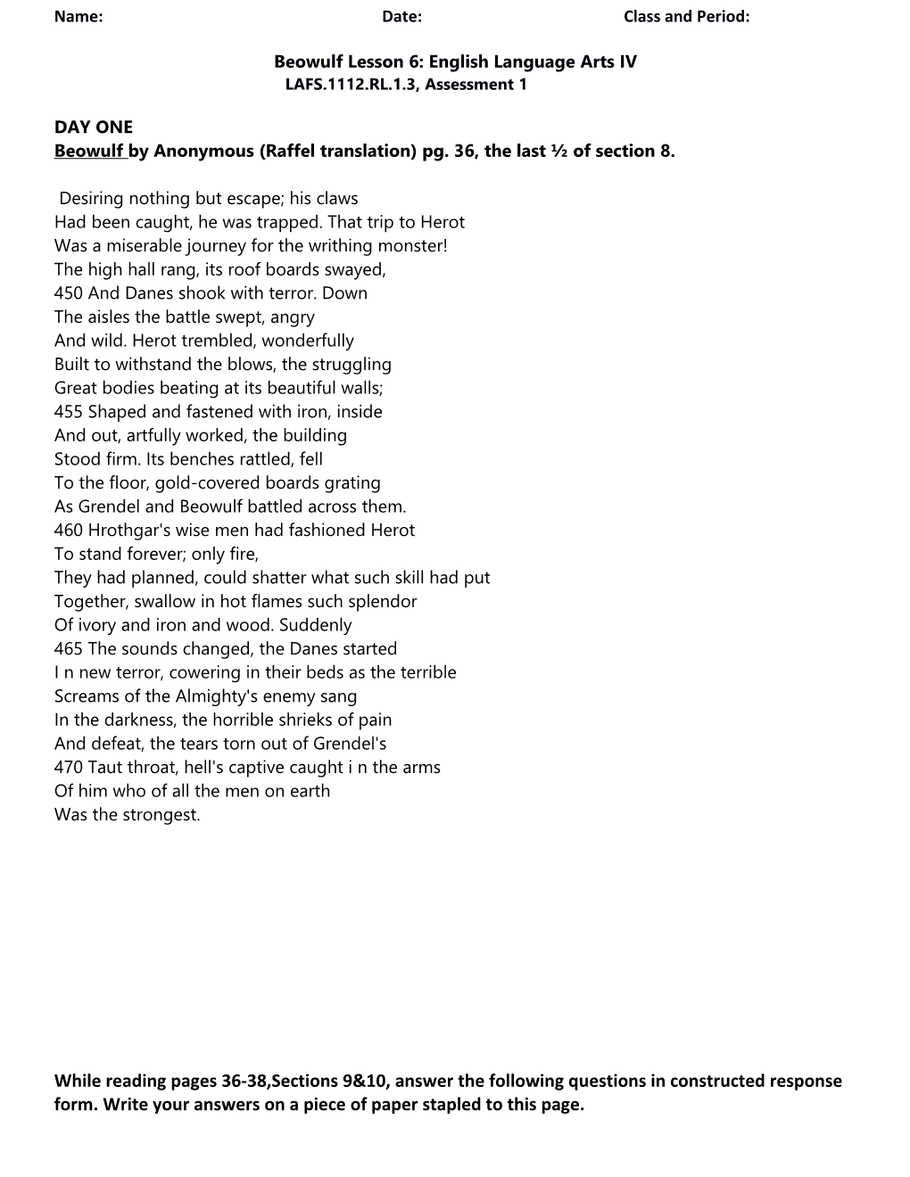 Beowulf by Anonymous (Raffel Translation) Pg. 36, the Last of Section 8