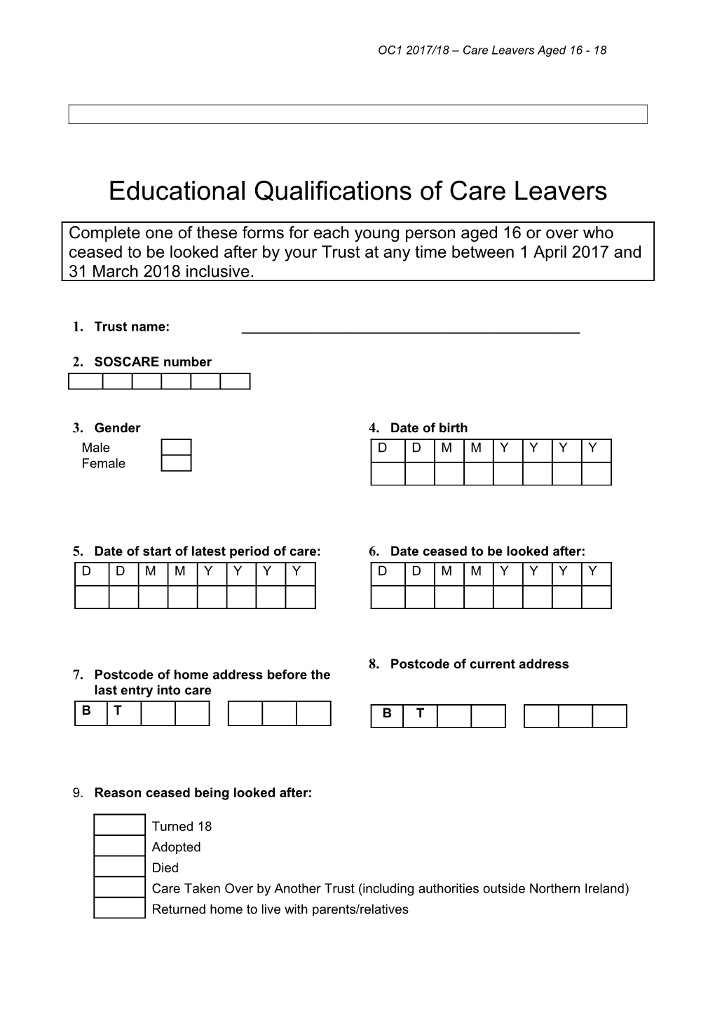 Educational Qualifications of Care Leavers: Form OC1