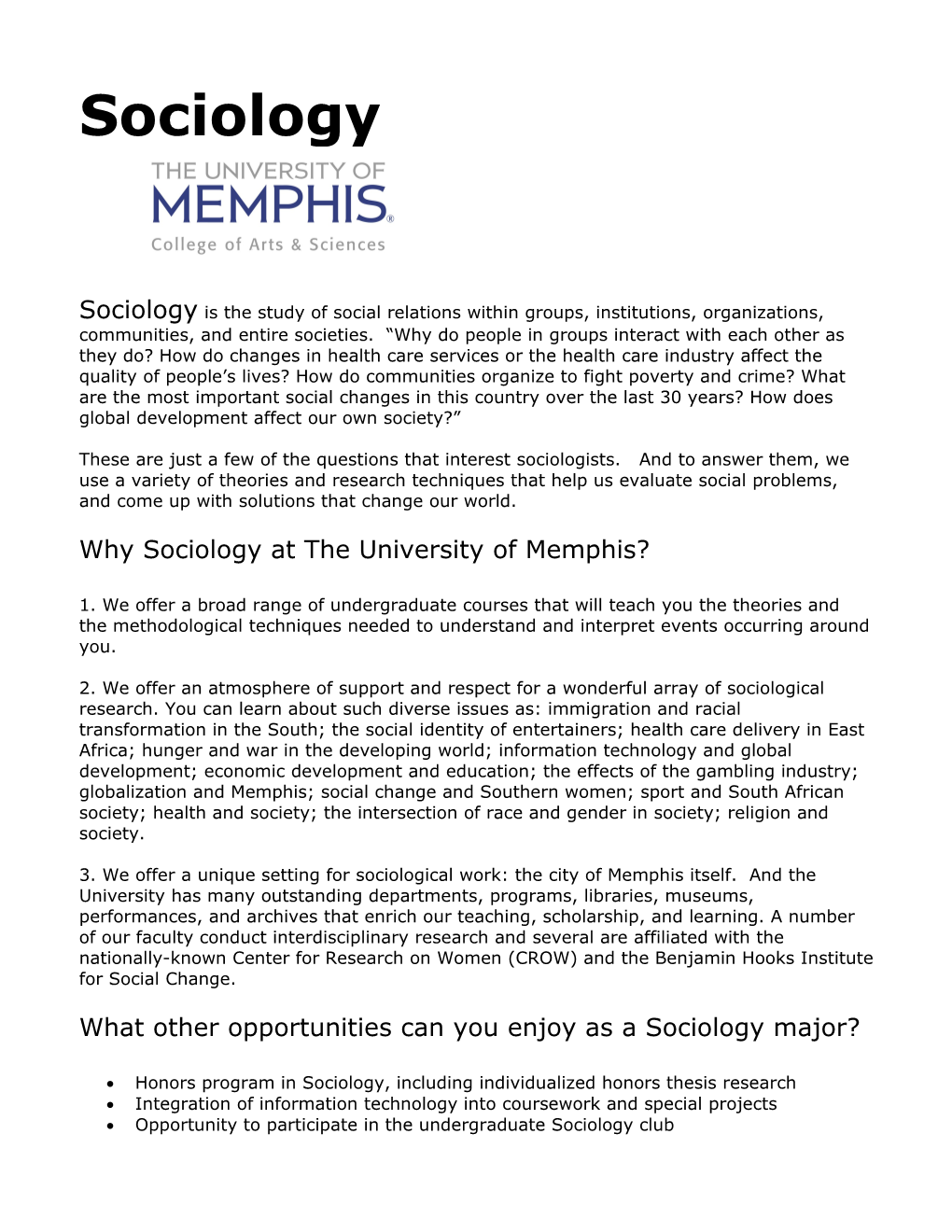 Why Sociology at the University of Memphis?