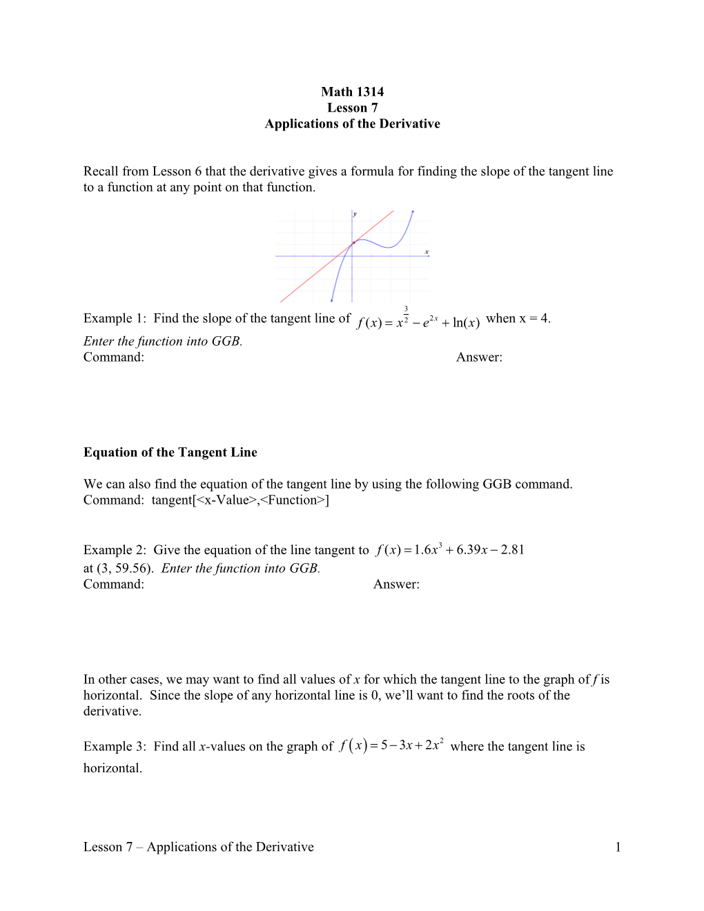 Lesson 7 Applications of the Derivative