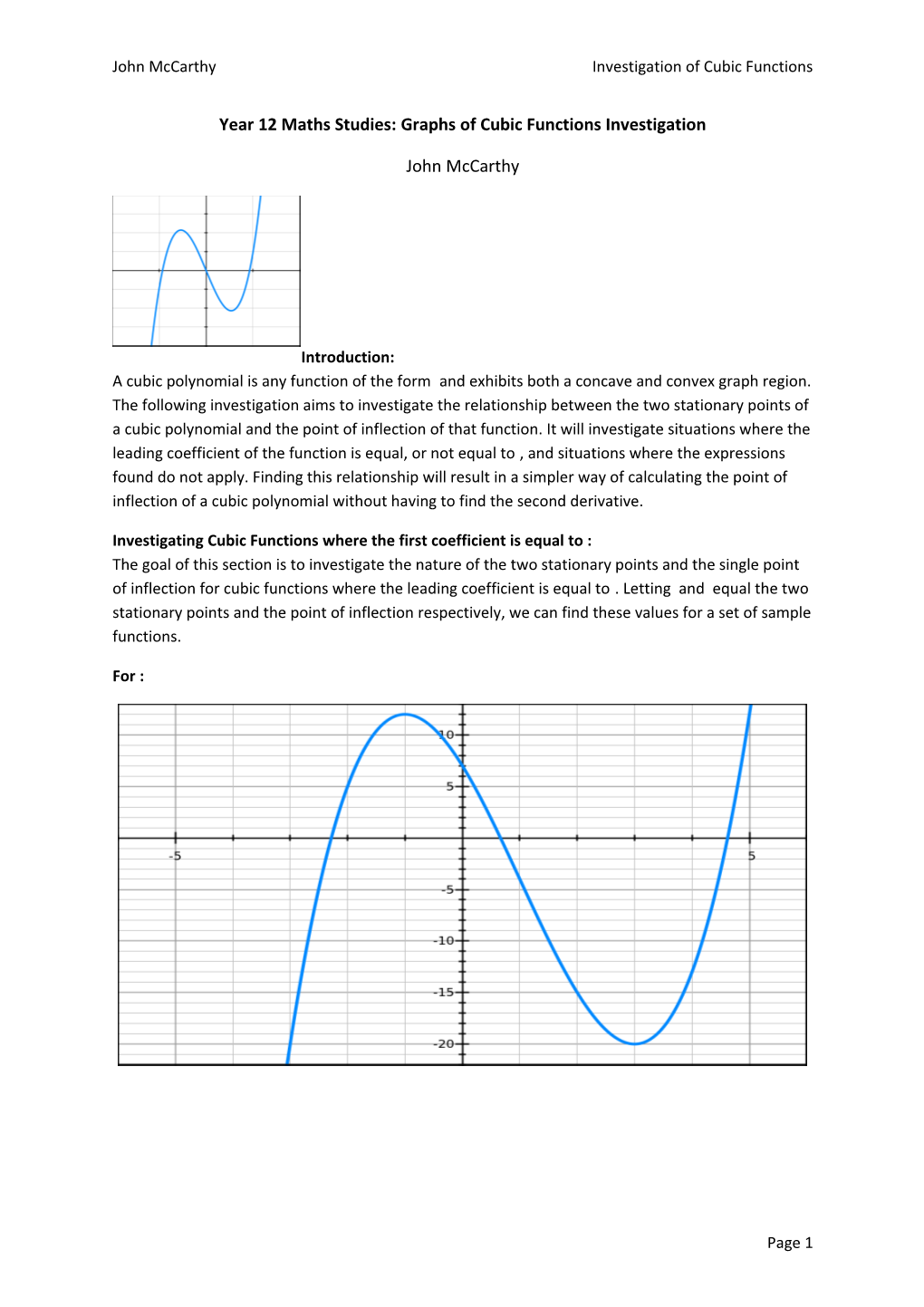 Year 12 Maths Studies: Graphs of Cubic Functions Investigation