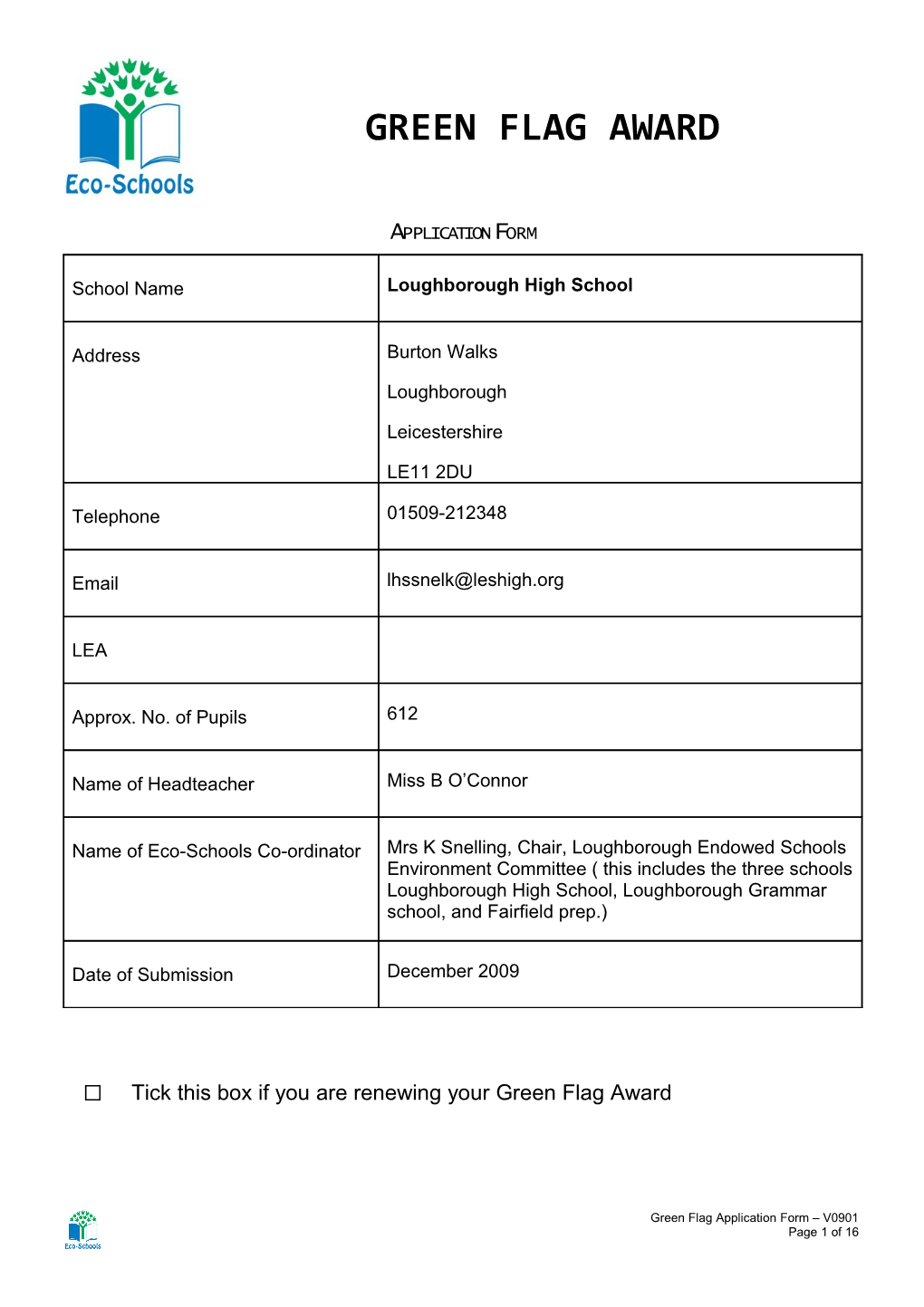 Tick This Box If You Are Renewing Your Green Flag Award