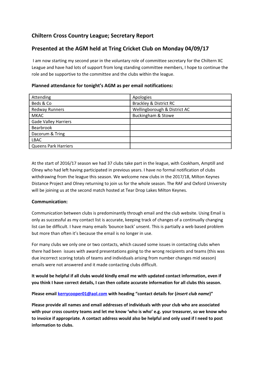 Chiltern Cross Country League; Secretary Report