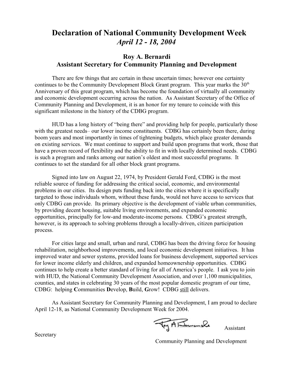 Declaration of National Community Development Week April 12- 18, 2004