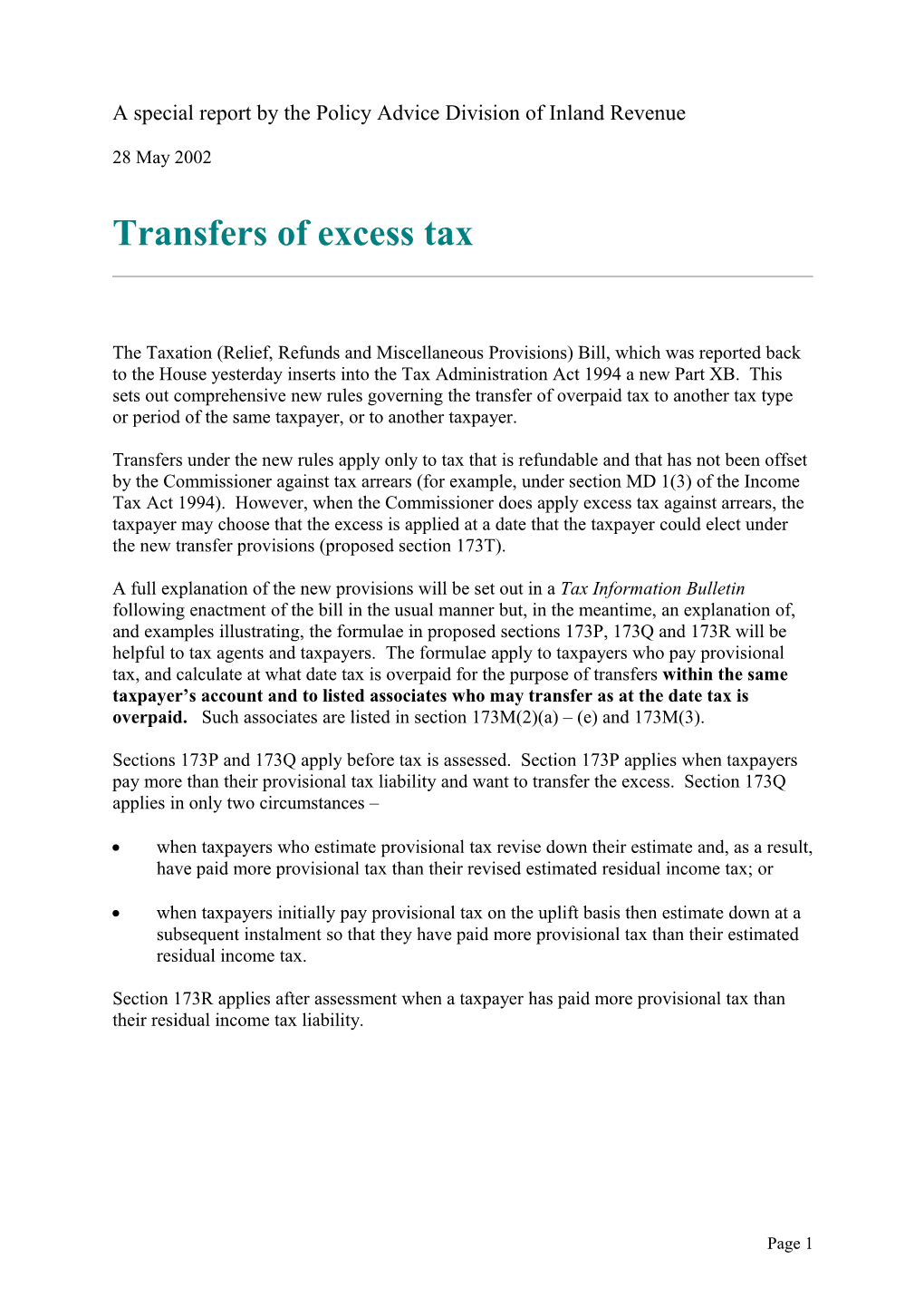 Special Report - Transfers of Excess Tax