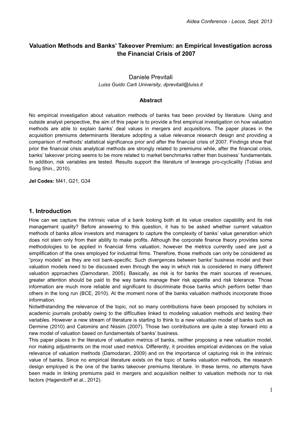 Valuation Methods and Banks Takeover Premium: an Empirical Investigation Across the Financial