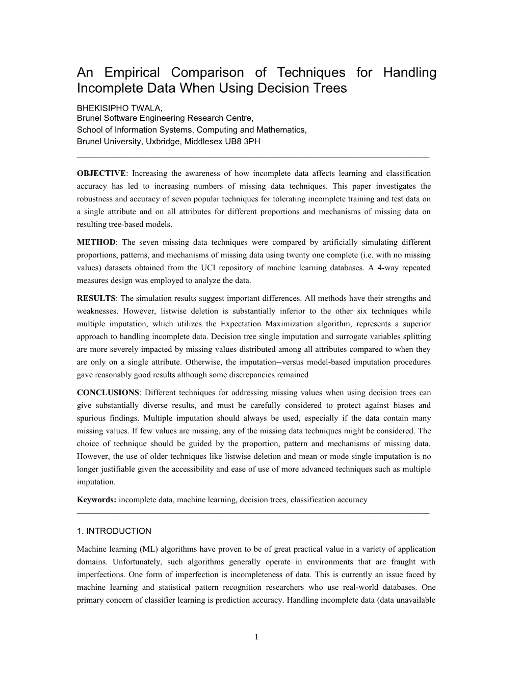 An Empirical Comparison of Methods for Handling Incomplete Data When Using Decision Trees