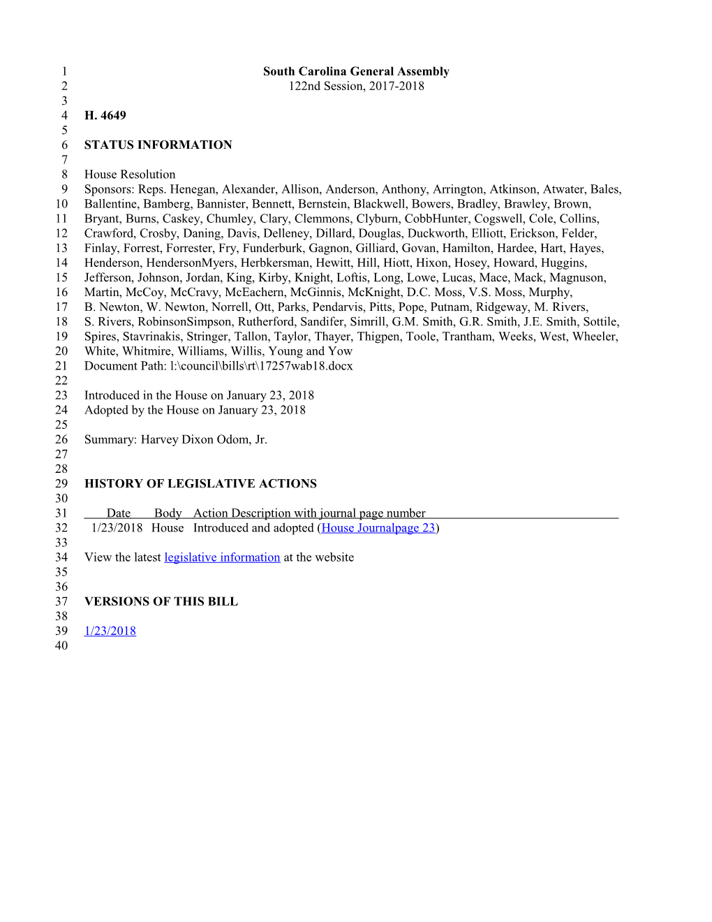 2017-2018 Bill 4649: Harvey Dixon Odom, Jr. - South Carolina Legislature Online