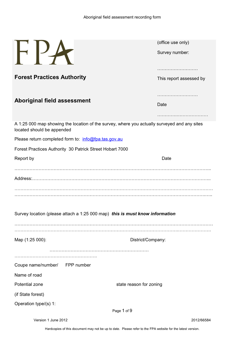 Aboriginal Field Assessment Recording Form