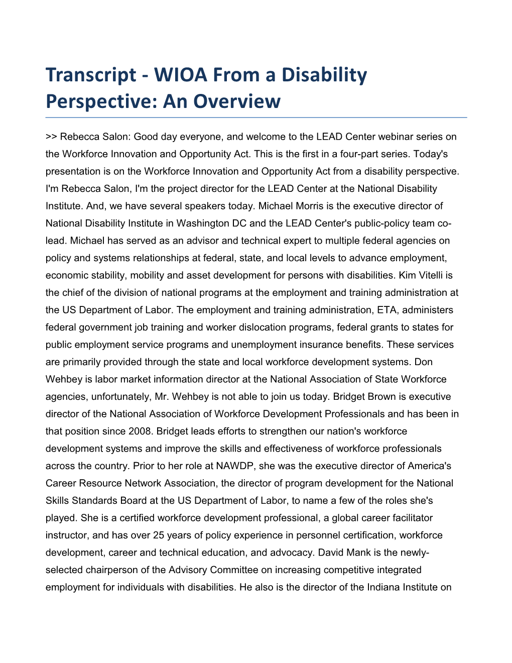 Transcript - WIOA from a Disability Perspective: an Overview