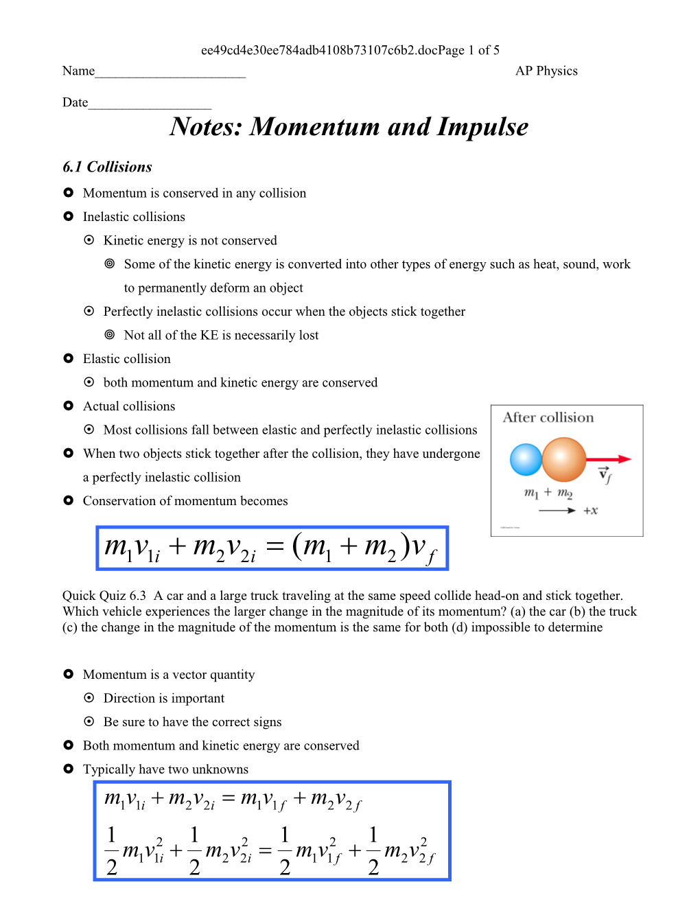 Notes: Momentum and Impulse