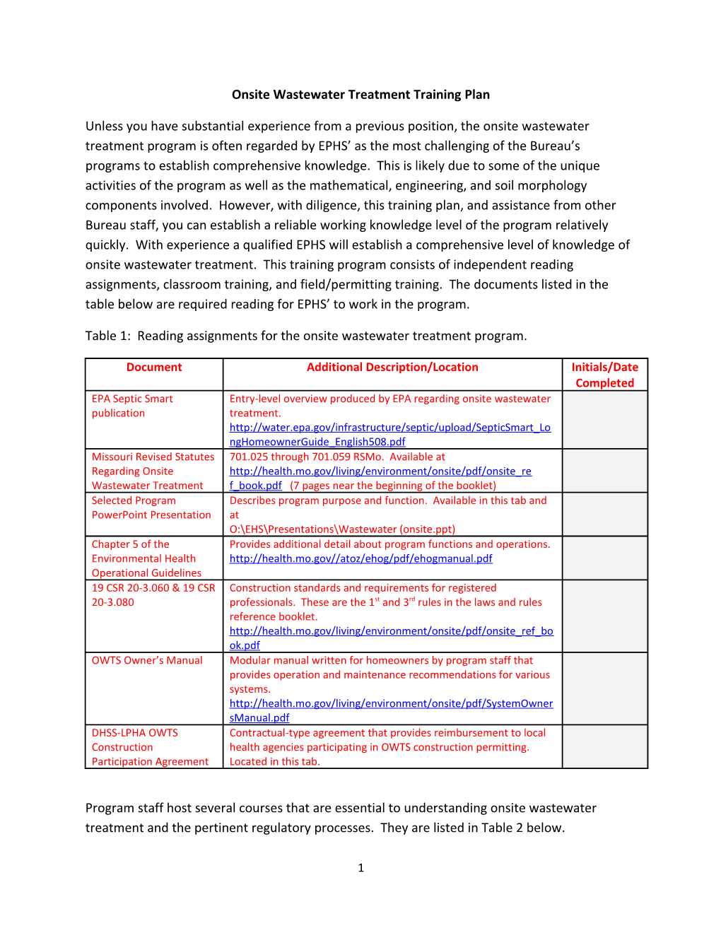 Onsite Wastewater Treatment Training Plan