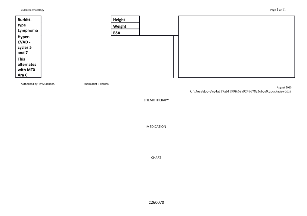 Chemotherapy Chart Burkitt-Type Lymphoma R Hyper C VAD