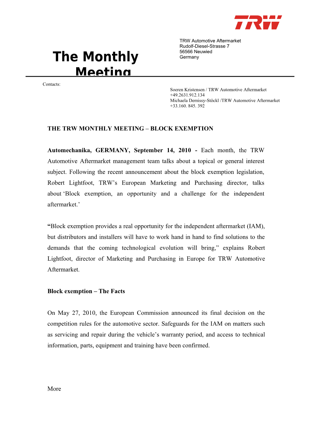 The Trw Monthly Meeting Block Exemption