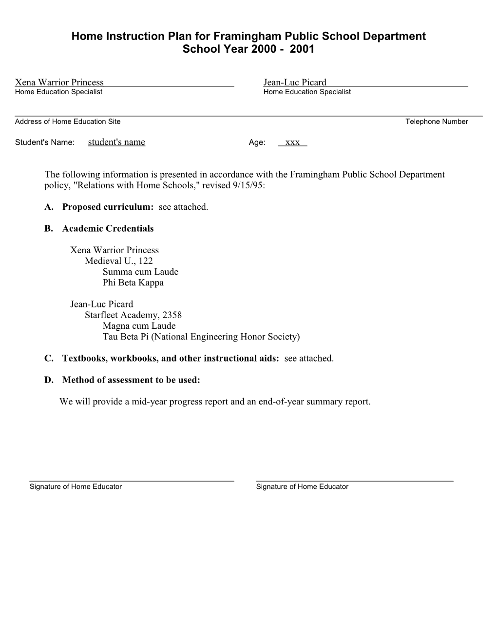 Affidavit of the Supervisor of a Pennsylvania Home Education Program
