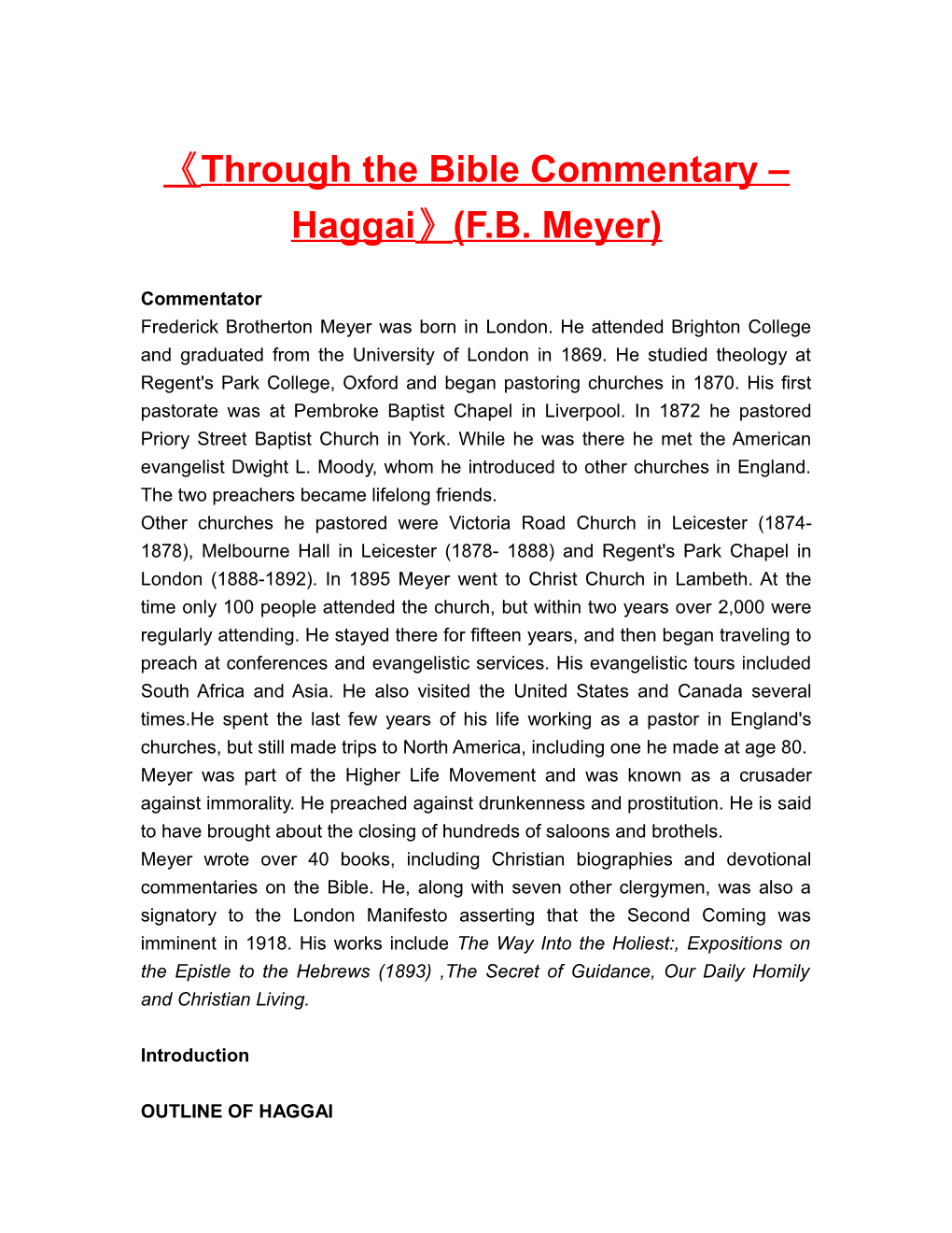 Through the Bible Commentary Haggai (F.B. Meyer)