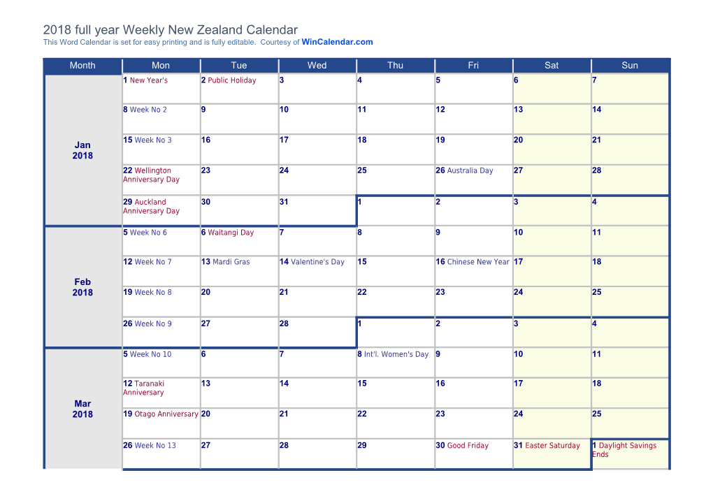 2018 Weekly Calendar with Festive and National Holidays - New Zealand