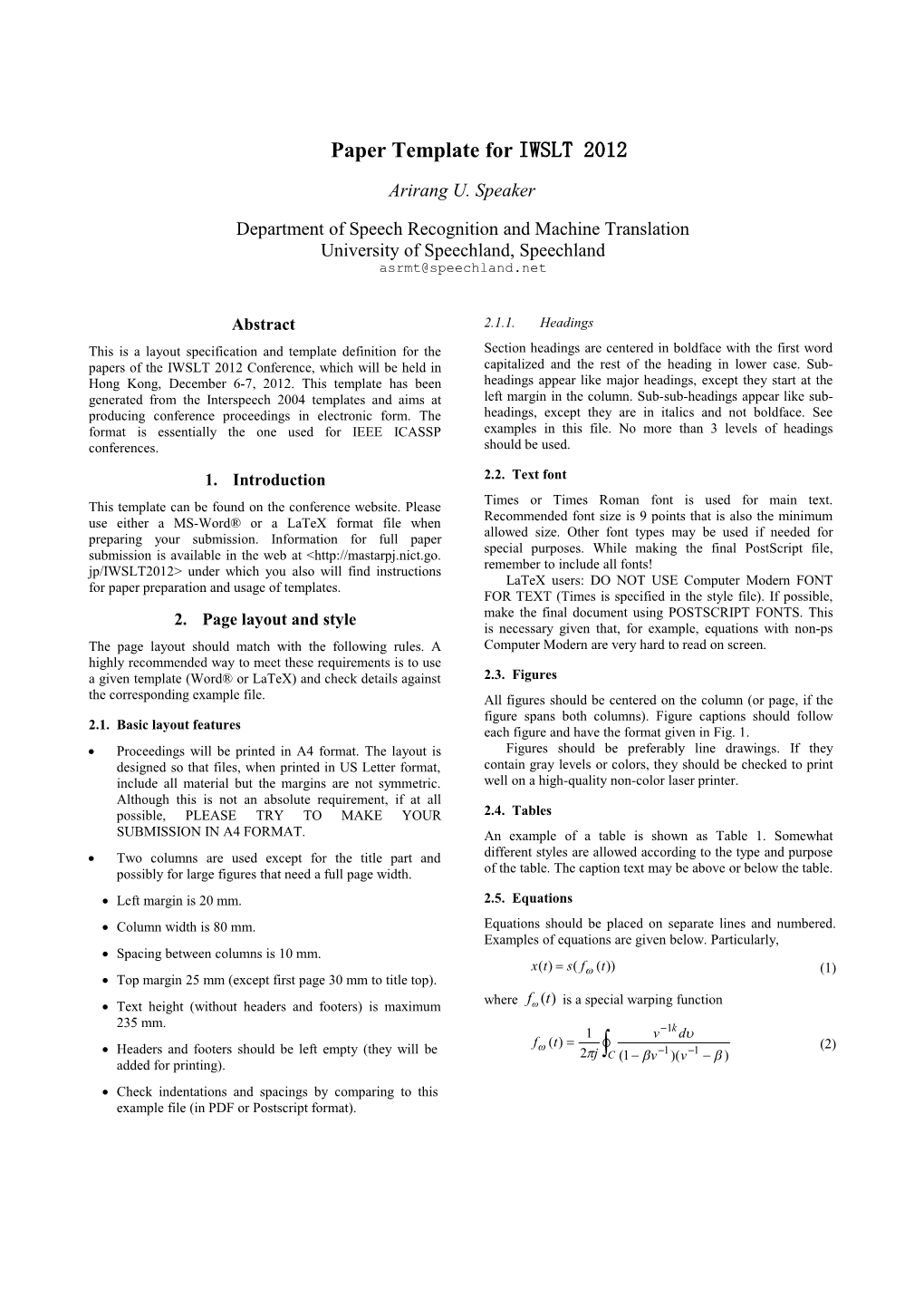 Paper Template for IWSLT 2012