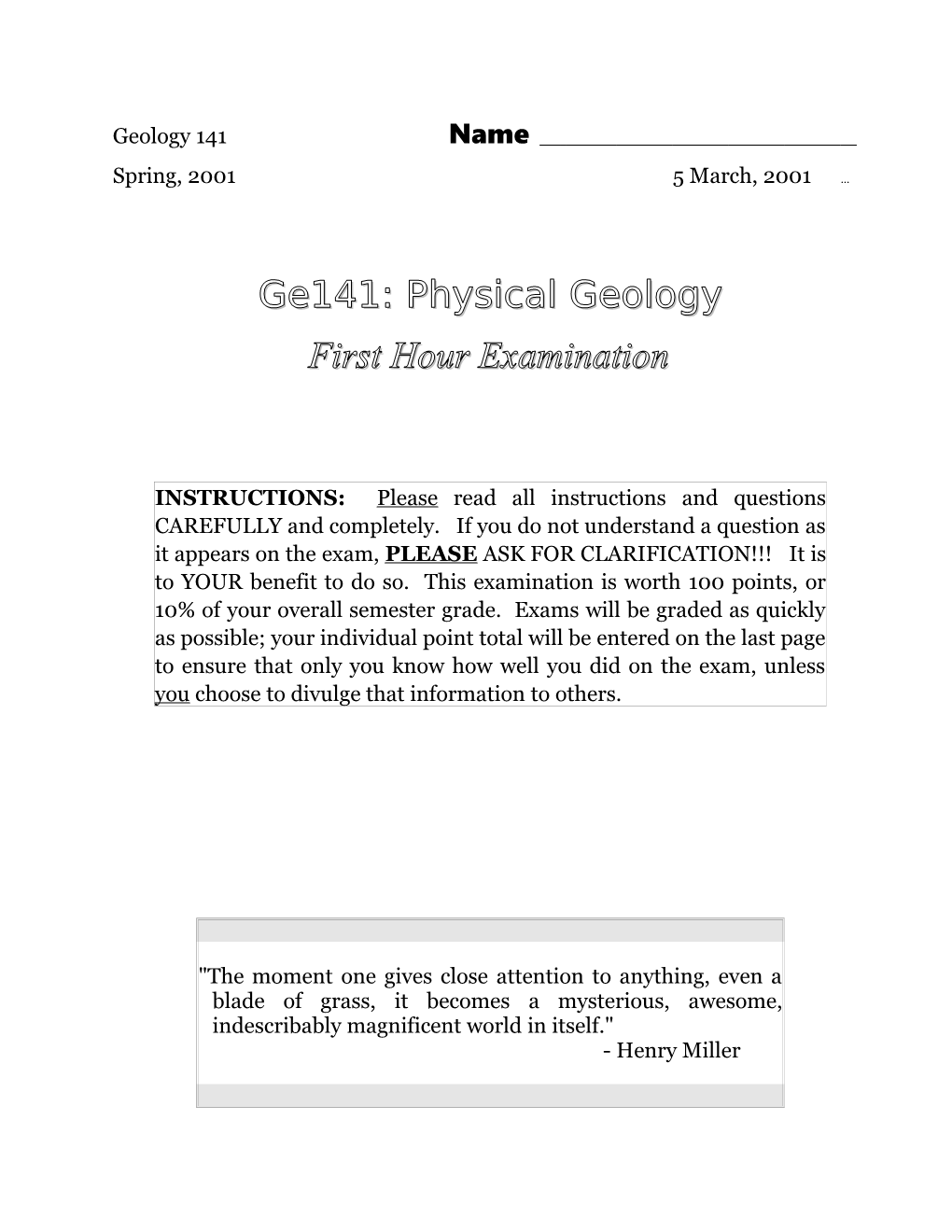 Geology 141: Spring, 2001First Hour Exam Page 1