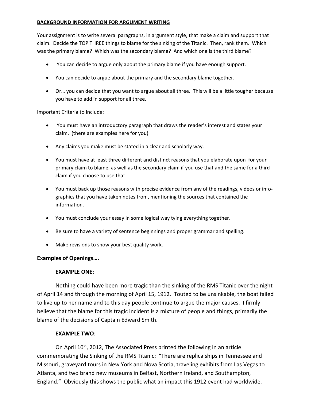 Background Information for Argument Writing