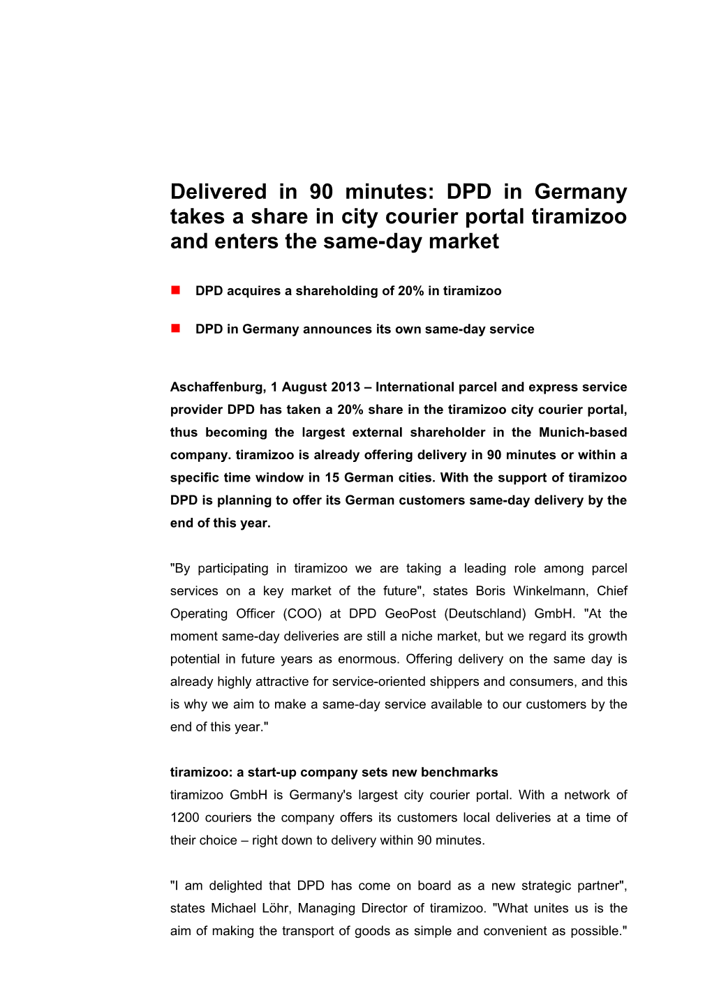 DPD Acquires a Shareholding of 20% in Tiramizoo