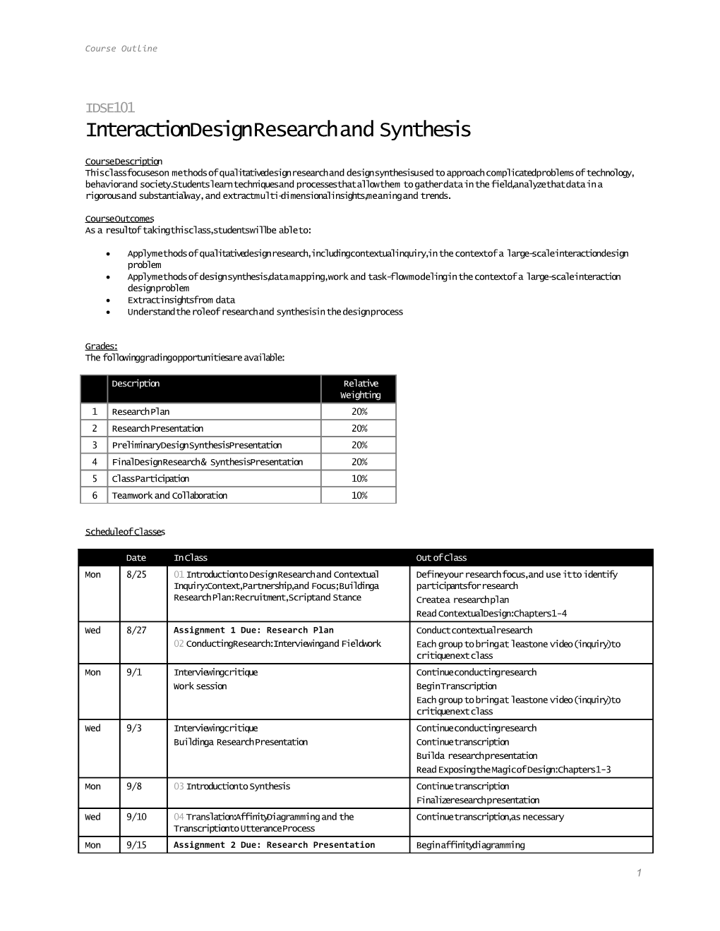 IDSE101 Interaction Design Research and Synthesis