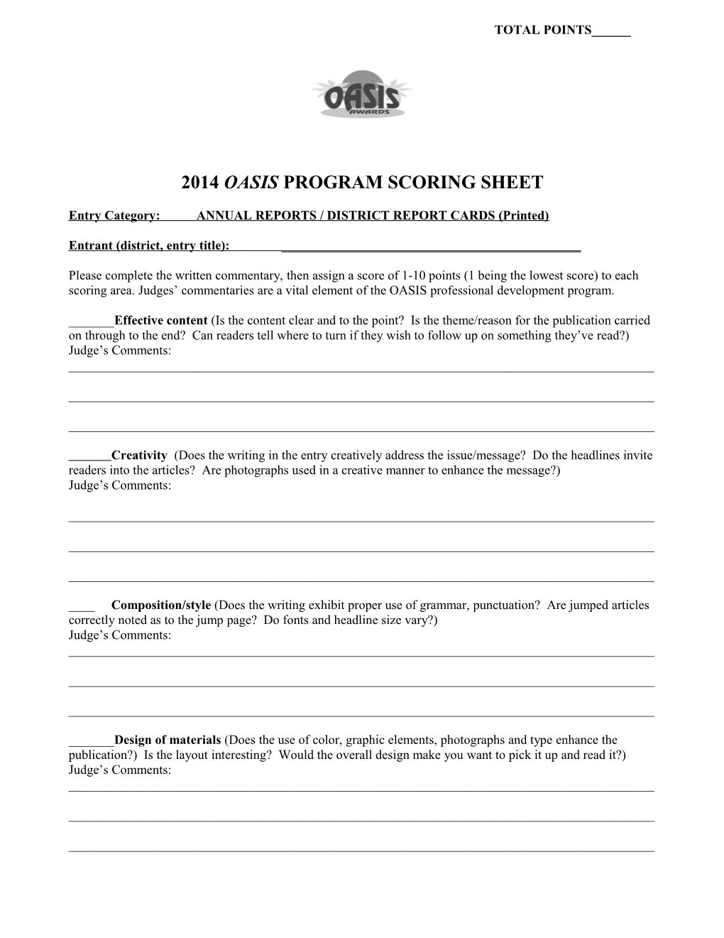 Use This Scoring Sheet for Writing, Categories 1-10