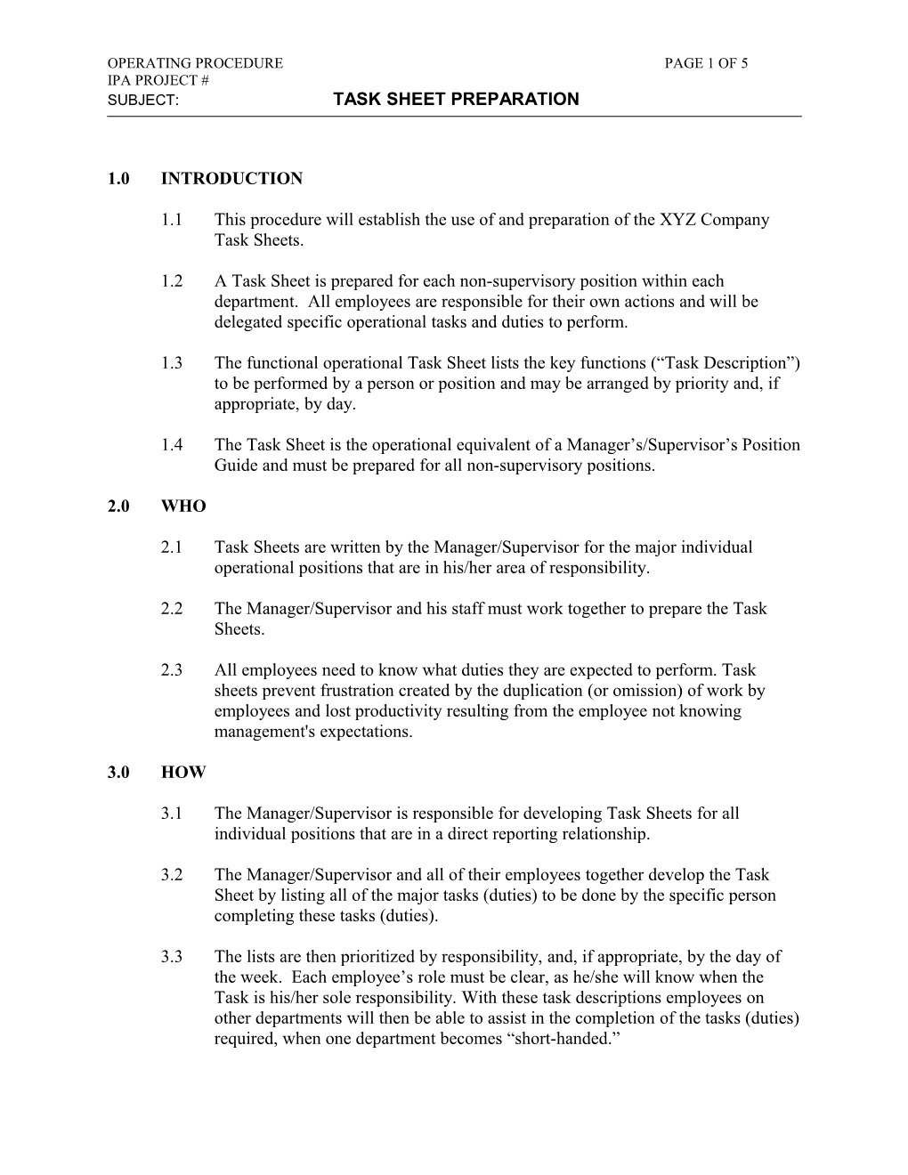 Task Sheet Preparation