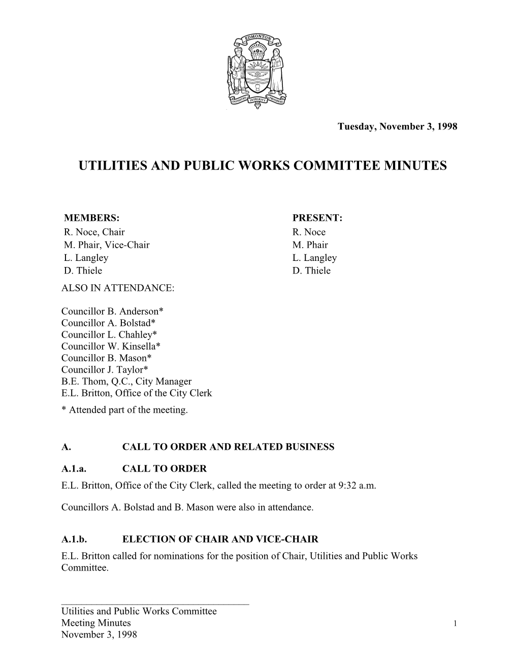 Minutes for Utilities and Public Works Committee November 3, 1998 Meeting