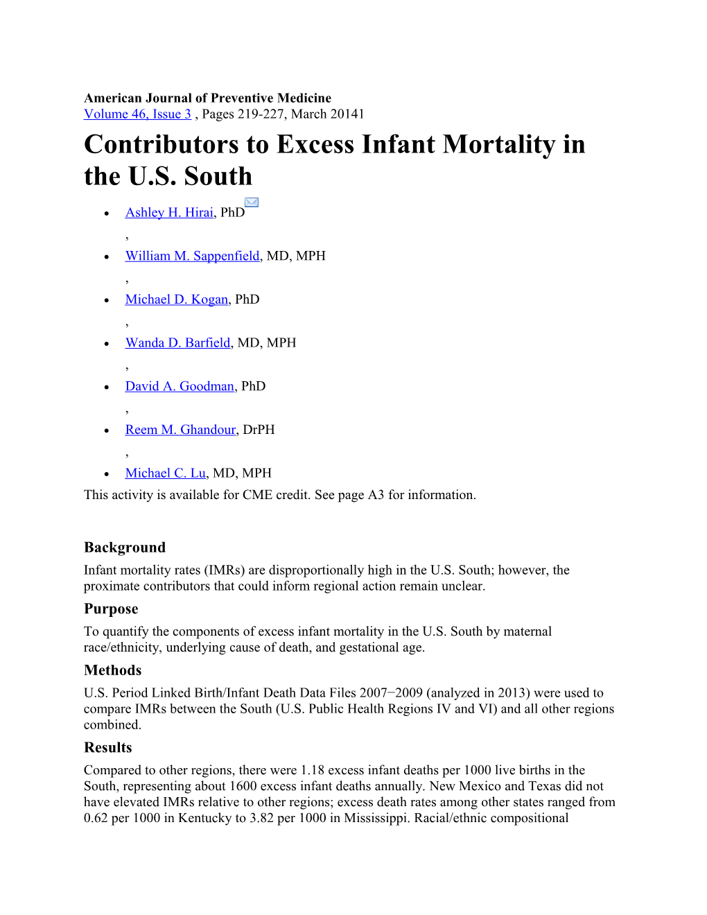 Contributors to Excess Infant Mortality in the U.S. South