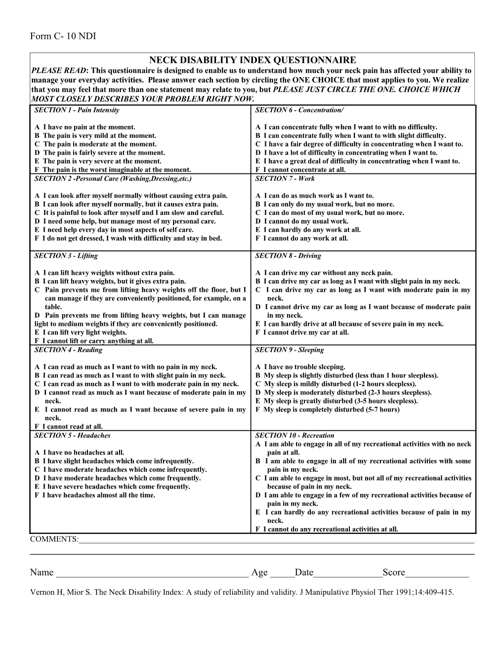 Neck Disability Index Questionnaire